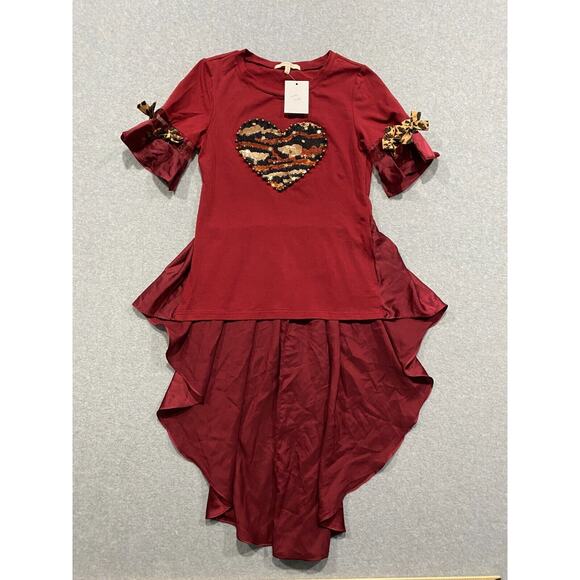 Pastel Brand Women's Sequin Heart/Leopard Red Shirt High Low Hemline Small Top - Picture 9 of 13